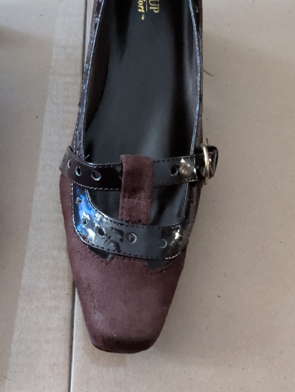 Step Up Comfort Women's Brown Suede Heels with Patent Trim - Picture 4 of 6